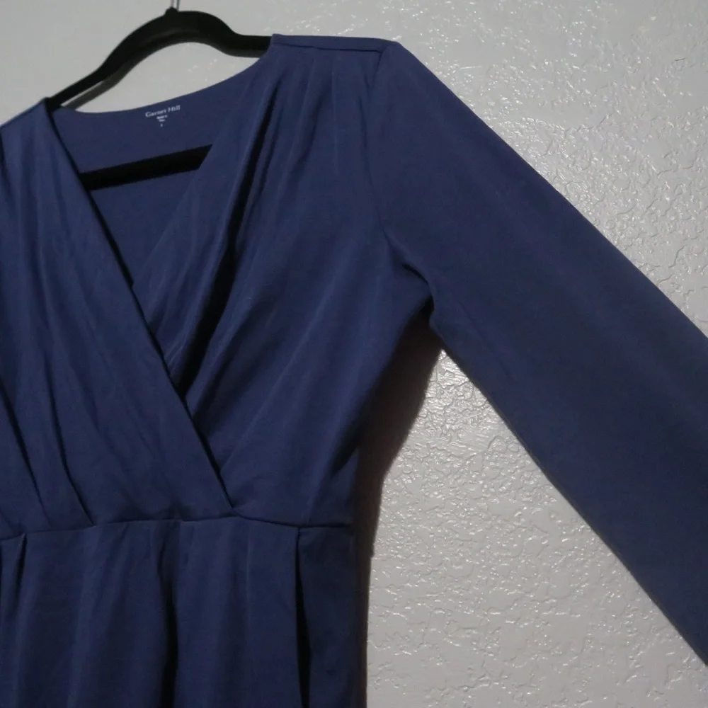Garnet Hill‎ Mini Dress Pima Cotton V-neck 3/4 Sleeves Navy Blue Versatile